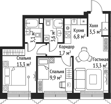 3-комн., 55.2 м², 10/59 этаж, ЖК «СЕТ»