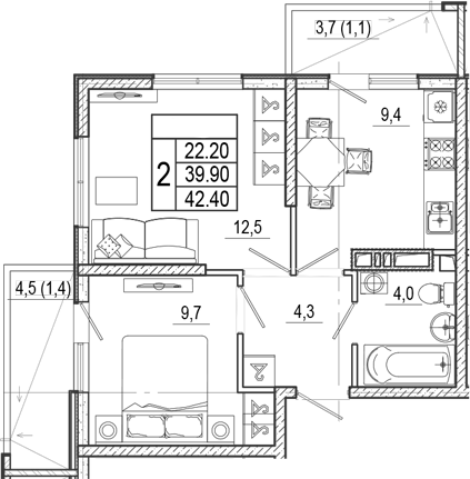 2-комн., 39.9 м², 6/15 этаж, ЖК «Лестория»