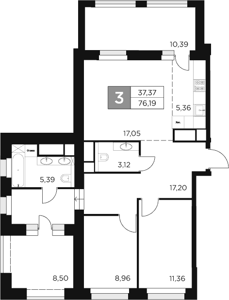 3-комн., 66.74 м², 13/15 этаж, ЖК «Восток 2»