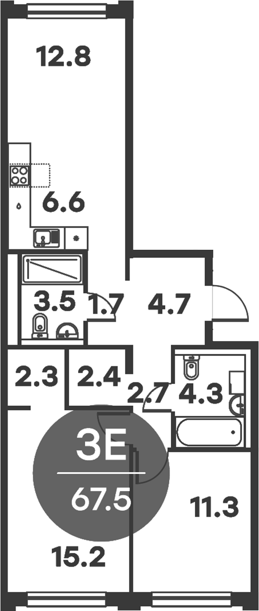 3-комн., 67.5 м², 5/6 этаж, ЖК «Равновесие»