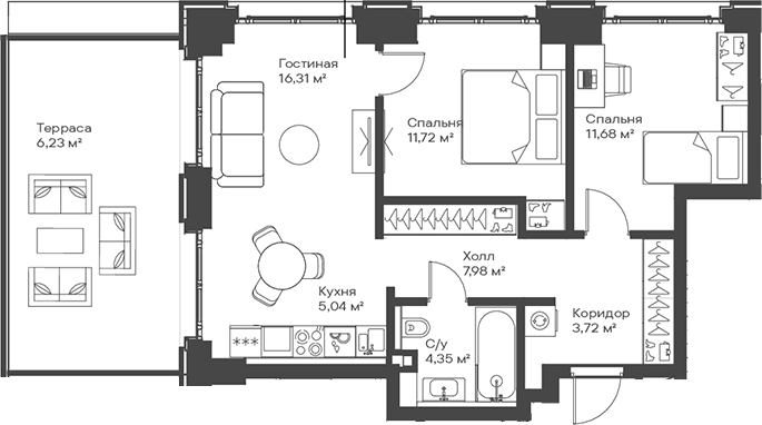 3-комн., 60.8 м², 2/15 этаж, ЖК «Сити Бэй»
