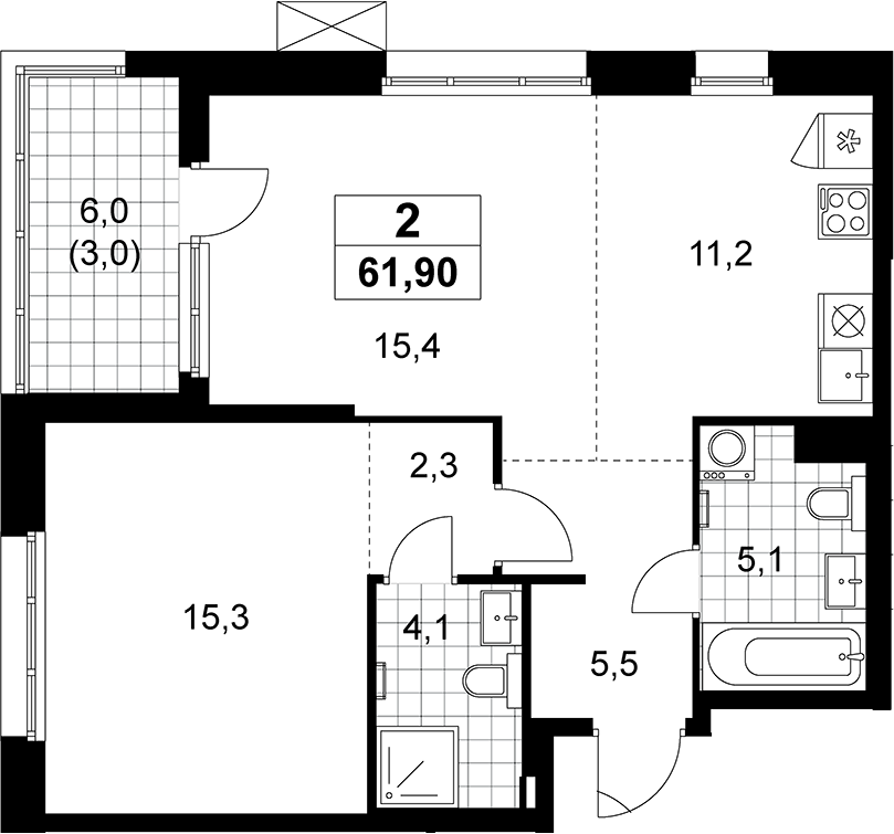 2-комн., 58.9 м², 9/12 этаж, ЖК «Дзен-кварталы»