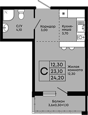 Студия, 23.1 м², 2/9 этаж, ЖК «Премьер»