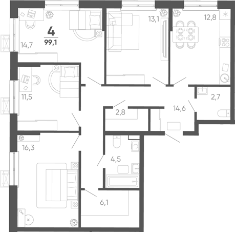 4-комн. квартира, 99.1 м² в ЖК Барса — фото 2