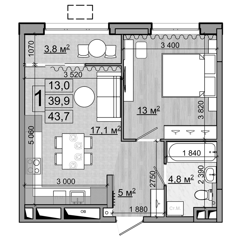 2-комн., 39.9 м², 15/18 этаж, ЖК «Гранд Комфорт»