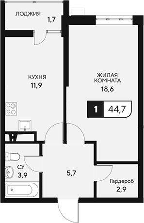 1-комн. квартира, 43 м² в ЖК 18/3 — фото 2
