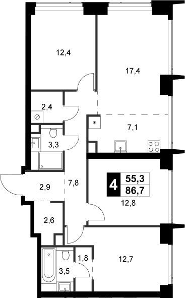 4+ комнаты, 86.7 м², 29/58 этаж, ЖК «Амбер Сити»