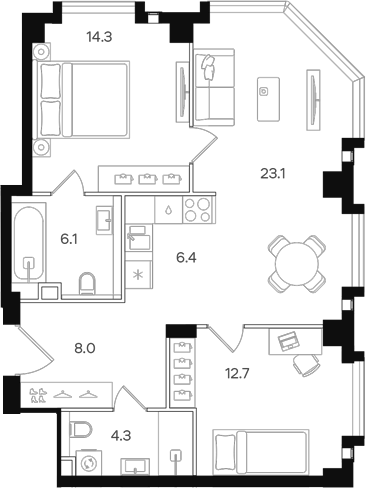 3-комн., 74.9 м², 25/40 этаж, ЖК «АУРА»