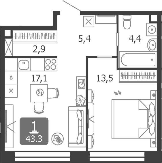 2-комн., 43.3 м², 7/19 этаж, ЖК «Шагал»