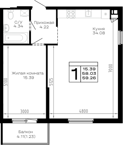 1-комн. квартира, 58.03 м² в ЖК Усадьба Гостагаевская — фото 2