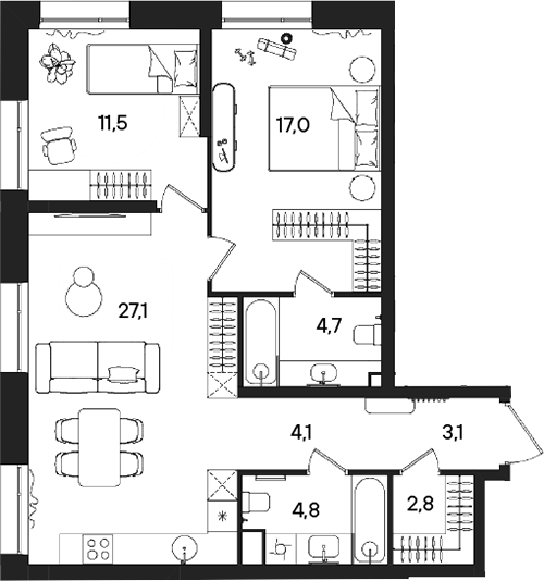 3-комн., 75.1 м², 14/28 этаж, ЖК «СТОУН Райз»