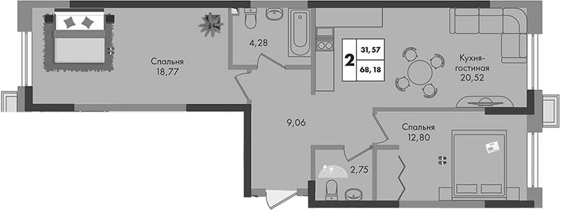 2-комн. квартира, 68.18 м² в ЖК Зеленая территория — фото 2