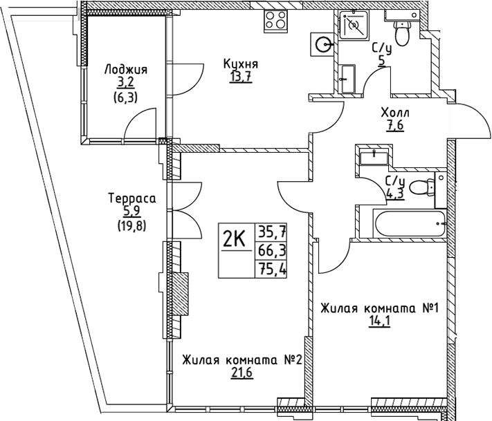 2-комн., 66.3 м², 2/19 этаж, ЖК «ВЭРИ на Миклухо-Маклая»