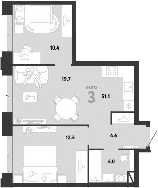 3-комн., 51.1 м², 23/31 этаж, ЖК «Страна.Заречная»