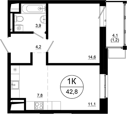 2-комн., 41.6 м², 17/24 этаж, ЖК «Союзный»