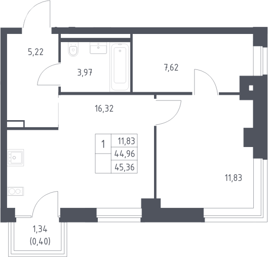2-комн., 44.96 м², 9/12 этаж, ЖК «Литературный Квартал»