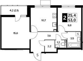 2-комн., 50.9 м², 9/20 этаж, ЖК «Южная Битца»