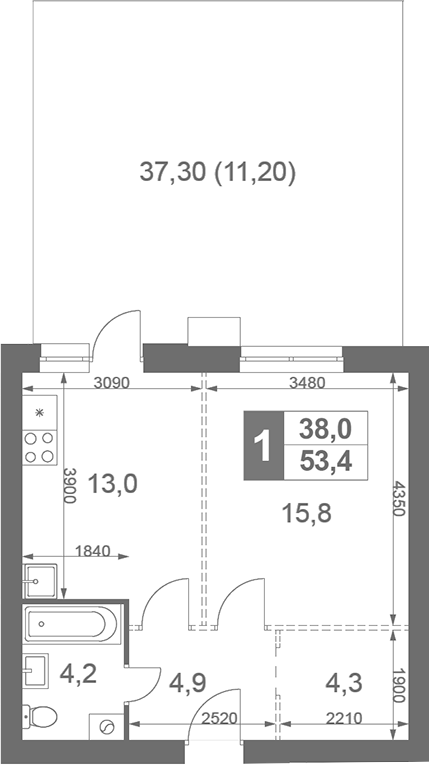 1-комн., 42.2 м², 2/4 этаж, ЖК «Дубровицы Клаб»