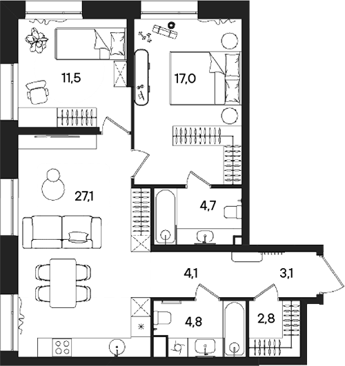 3-комн., 75.1 м², 6/28 этаж, ЖК «СТОУН Райз»
