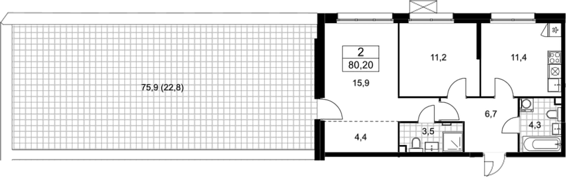 2-комн., 57.4 м², 2/13 этаж, ЖК «Скандинавия»