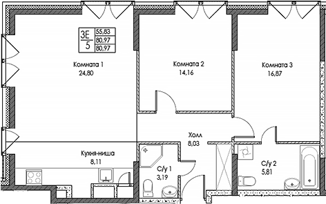 3-комн., 80.97 м², 12/20 этаж, ЖК «ЭВОПАРК Сокольники»