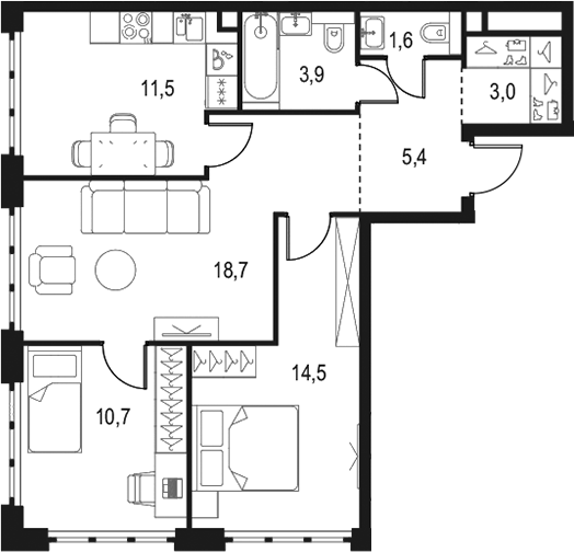3-комн., 69.3 м², 12/20 этаж, ЖК «Левел Южнопортовая»