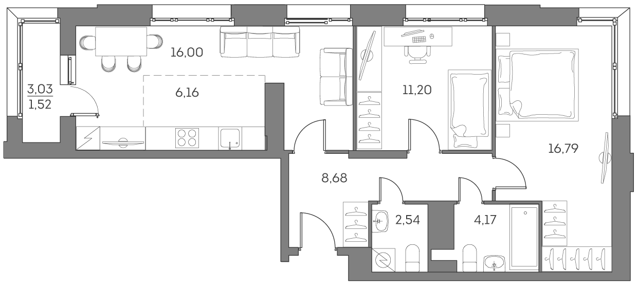 3-комн., 65.54 м², 24/25 этаж, ЖК «Аквилон БИСАЙД 2.0»