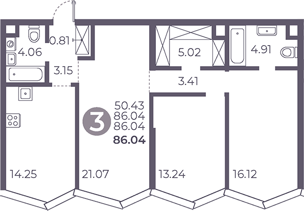 3-комн., 86.04 м², 35/39 этаж, ЖК «Мневники от Гранель»