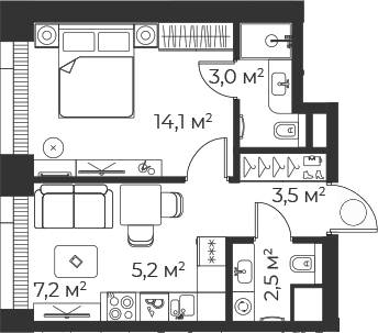 2-комн., 35.5 м², 2/35 этаж, ЖК «Веер»