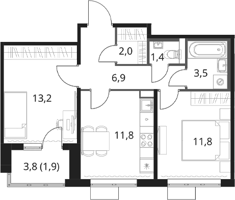 2-комн., 50.6 м², 12/16 этаж, ЖК «1-й Шереметьевский»