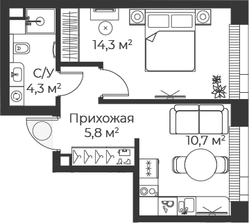 1-комн., 35.1 м², 6/25 этаж, ЖК «Веер»