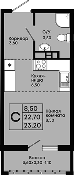 Студия, 22.1 м², 18/18 этаж, ЖК «Премьер»