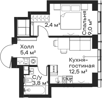 2-комн., 33.1 м², 35/59 этаж, ЖК «Сити Бэй»