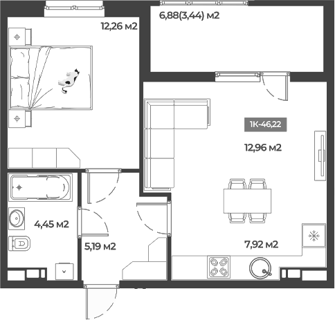1-комн., 42.78 м², 1/5 этаж, ЖК «Соловей»