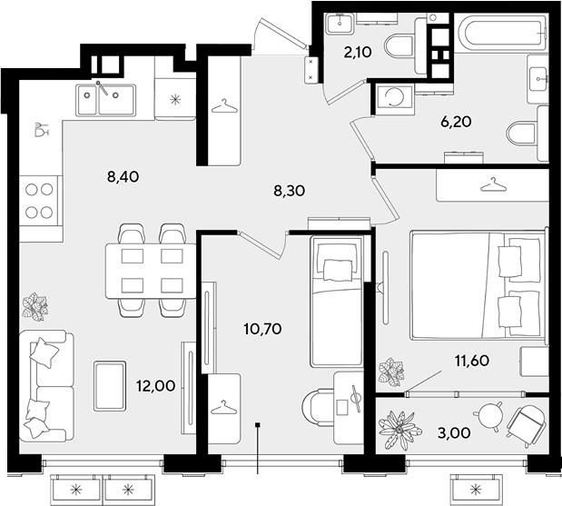3-комн., 59.3 м², 8/9 этаж, ЖК «Порто-Ново»