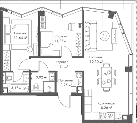 3-комн., 64.14 м², 22/22 этаж, ЖК «МИРА»