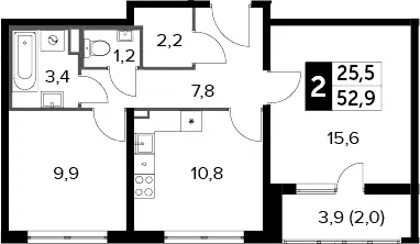 2-комн., 50.9 м², 16/24 этаж, ЖК «Южная Битца»