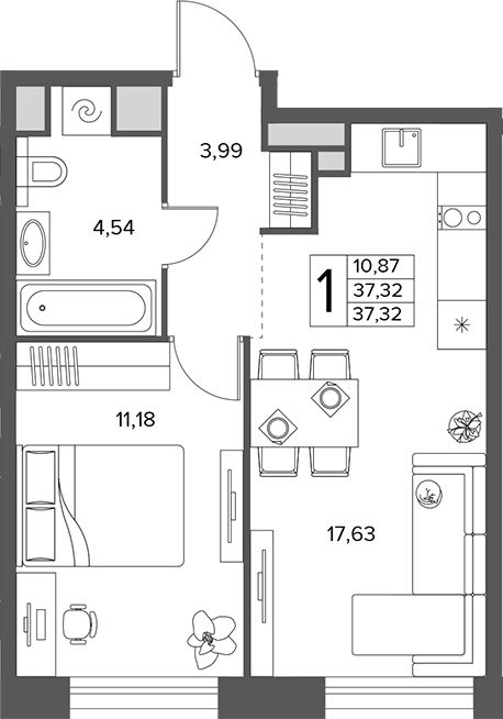 2-комн., 37.32 м², 5/16 этаж, ЖК «Городской бор»