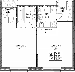 2-комн., 51.27 м², 13/20 этаж, ЖК «ЭВОПАРК Сокольники»