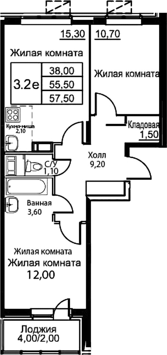 3-комн., 55.5 м², 8/12 этаж, ЖК «Кашинцево»