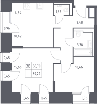3-комн., 55.7 м², 18/30 этаж, ЖК «Скай Спутник»