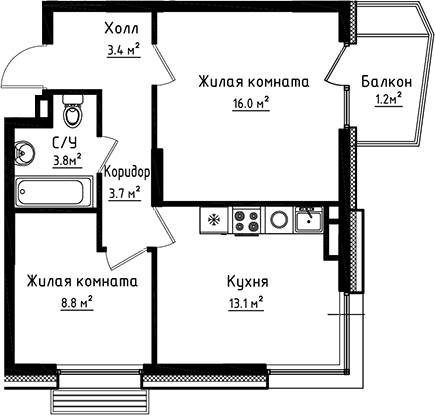 2-комн., 48.8 м², 4/8 этаж, ЖК «Коллекция»