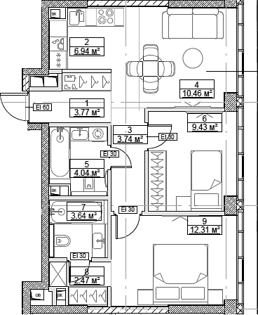3-комн., 56.8 м², 24/49 этаж, ЖК «Сити Бэй»