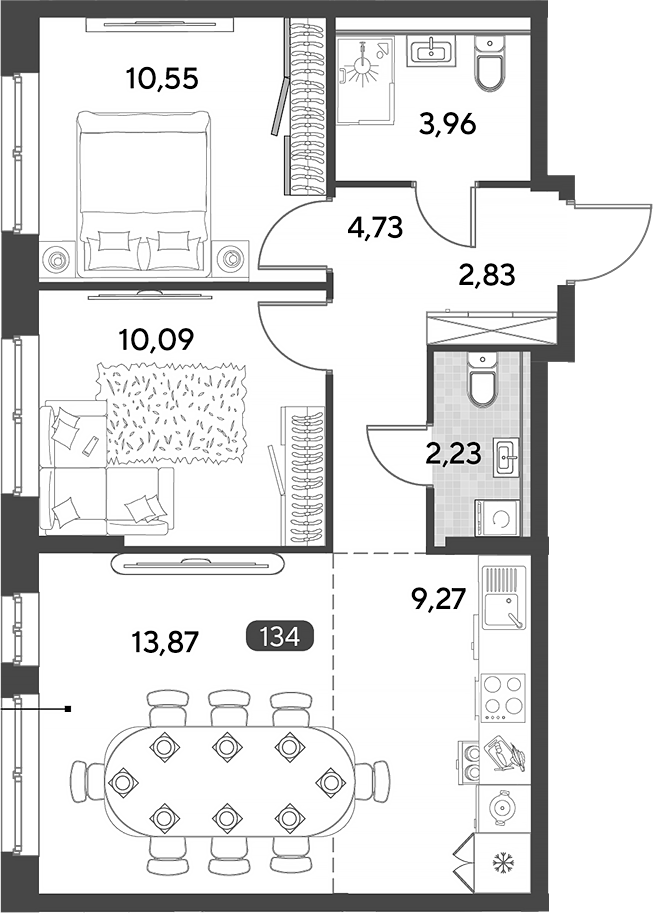 3-комн., 57.53 м², 18/25 этаж, ЖК «Космопарк»
