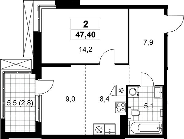 2-комн., 44.6 м², 16/21 этаж, ЖК «Дзен-кварталы»