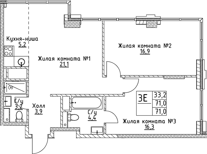 3-комн. ВЭРИ на Миклухо-Маклая