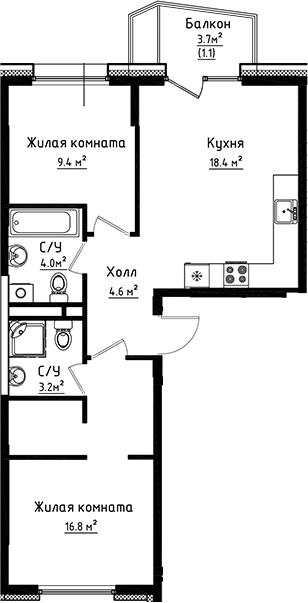 2-комн., 56.4 м², 3/6 этаж, ЖК «Коллекция»
