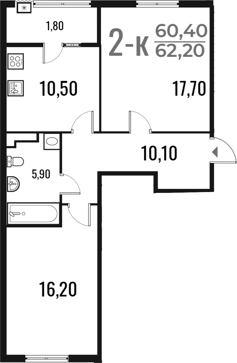2-комн., 60.4 м², 6/7 этаж, ЖК «Новое Летово»