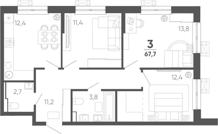 3-комн. квартира, 67.7 м² в ЖК Барса — фото 2