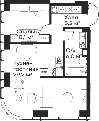 2-комн., 50.5 м², 18/59 этаж, ЖК «Сити Бэй»